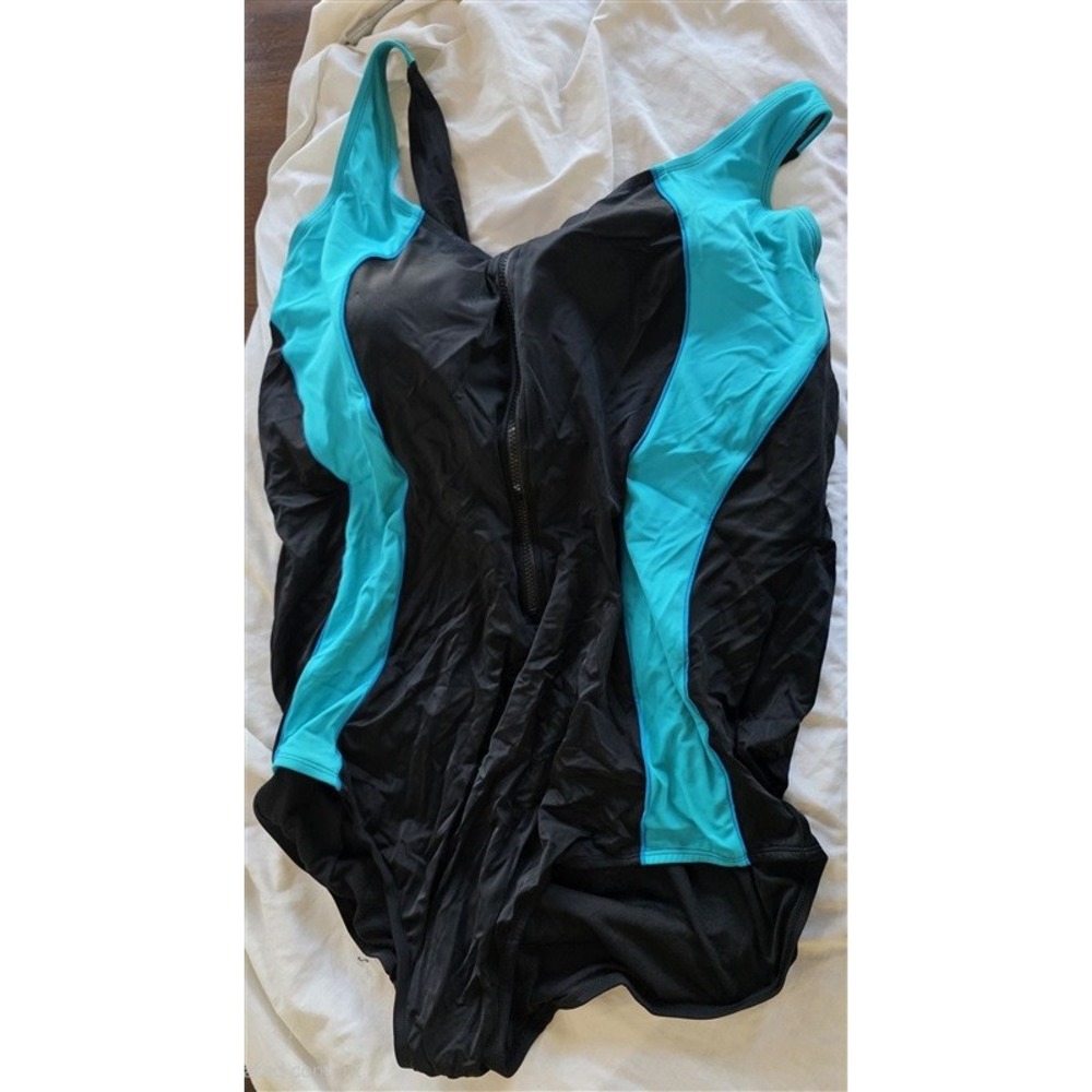 NWT Swimsuits For All 32W Black Blue Teal Zip UP 1pc Swim 132385